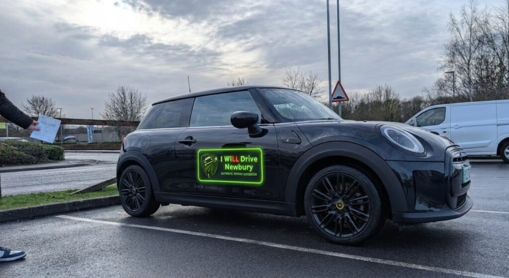 A camera shy student holding her driving test pass certificate next to a black “I WiLL Drive” Mini Cooper automatic driving school car in Newbury.