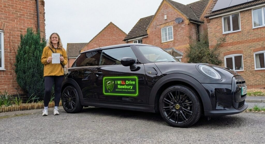 A happy student holding her driving test pass certificate next to a black “I WiLL Drive” Mini Cooper automatic driving school car in Newbury.